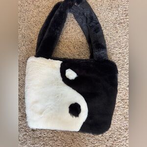 Plush Yin Yang Faux Fur Tote Bag in Black and White